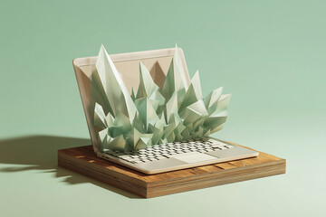 Digital data growth concept with polygonal crystals exploding from a minimalist notebook computer