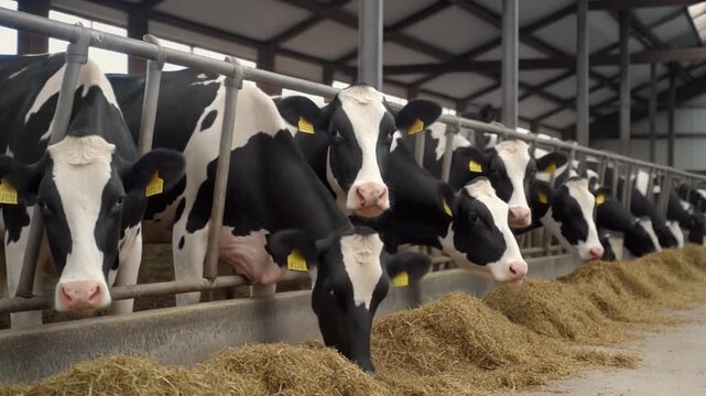 Holstein Cows Eating Hay in a Modern Barn Interior with Natural Light Shining Through Wooden Beams