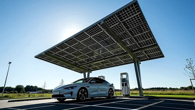 Electric Car Charging Under Solar Panels - Sustainable Energy Solution.
