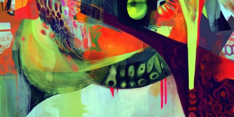 Abstract colorful modern painting with vivid vibrant patterns and creative textured design. Contemporary art concept with bold shapes and dynamic contrasts.
