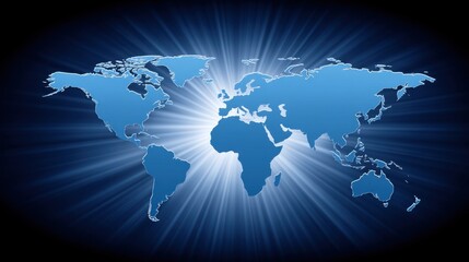 Blue World Map with Radiant Background Illustrating Global Connectivity and International Relationships in a Modern Digital Era