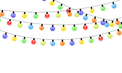 String of Christmas lights in vector clipart style with colorful bulbs overlay style. PNG illustration for festive decor, borders, cards, or holiday design with transparent background