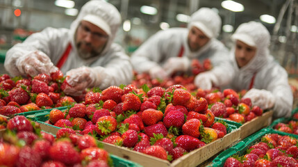 Workers in white uniforms and hairnets sorting and inspecting fresh red strawberries in large green crates inside a food processing facility with industrial lighting