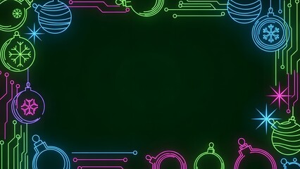 Obraz premium Neon christmas lights border with glowing ornaments and dark green background