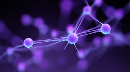 Close-up of a 3D molecular structure illustration with luminous purple atoms interconnected by vibrant strands against a dark background for scientific visuals