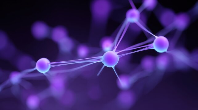 Close-up of a 3D molecular structure illustration with luminous purple atoms interconnected by vibrant strands against a dark background for scientific visuals - Powered by Adobe