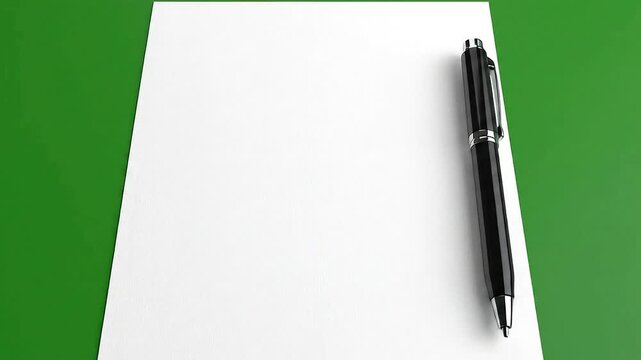 Blank White Paper Sheet and Black Pen on a Bright Green Background for Business Contract Agreement