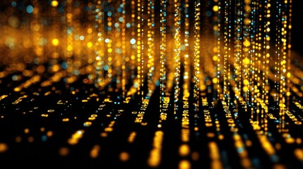 Dynamic Abstract Digital Data Stream: Vertical Columns of Glowing Golden and Cyan Particles Flowing Over a Reflective Surface of Numeric Characters Concept for AI, Big Data, Technology, Connectivity