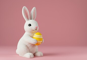 Obraz premium Adorable white toy rabbit holding a colorful dyed easter egg, symbolizing the joyful spring holiday and the tradition of the bunny ,april ,springtime ,wooden