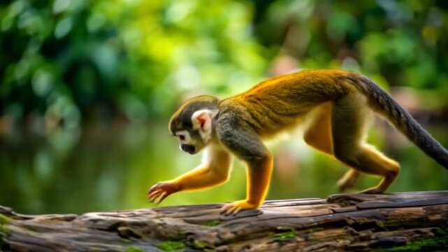Squirrel Monkey's Journey: A Playful Traverse Across a Log in a Lush Green Forest Habitat