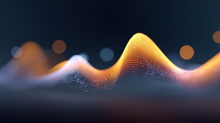 Abstract visualization of sound wave patterns with glowing particles and blurred background, representing digital technology and audio frequencies in a creative manner