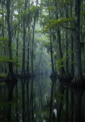 Fototapeta premium Ethereal light filters through dense cypress trees draped in Spanish moss, reflecting the mysterious, still waters of a haunting, primeval swamp ,bayou ,mystical ,travel