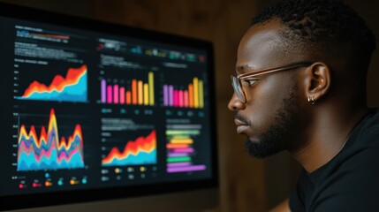 Closeup of a professional analyzing visual graphs and ratings on a screen focusing on customer sentiment trends and data insights.
