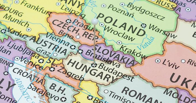 A zoom out of a white pin into Budapest city of Hungary political map