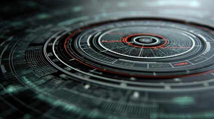 Abstract futuristic circular technology interface with data visualization elements in dark background showcasing innovation and modern design concept