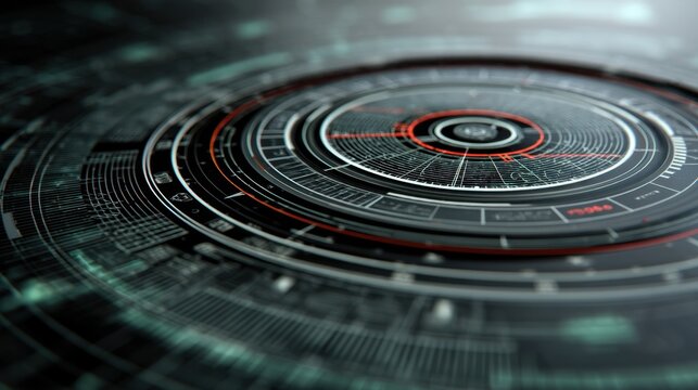 Abstract futuristic circular technology interface with data visualization elements in dark background showcasing innovation and modern design concept - Powered by Adobe