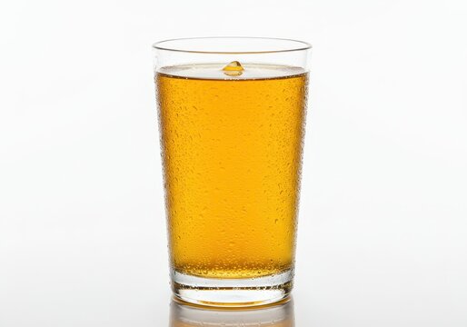 Refreshing chilled golden beverage in a clear glass pint container, featuring cold condensation, isolated on a clean white background, high key, ale, Pint