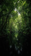 Obraz premium Verdant tropical jungle surrounds a winding, dark water river. Dense canopy filters sunlight onto the humid, ancient water flow ,winding ,natural ,jungle