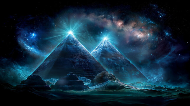 Luminous interlocking pyramids creating sacred vortex between earth and celestial energies, with copy space