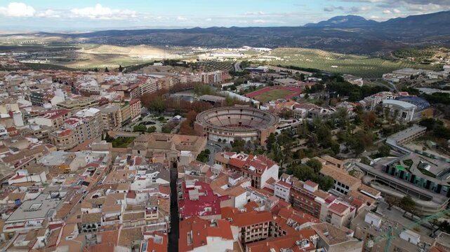 Aerial Drone Flyover of Jaen Old Town and Historic Cityscape, Spain