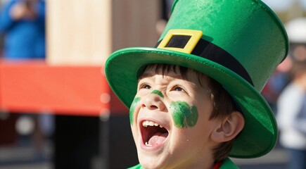 Excited caucasian child wearing green leprechaun hat with face paint on st. patrick's day