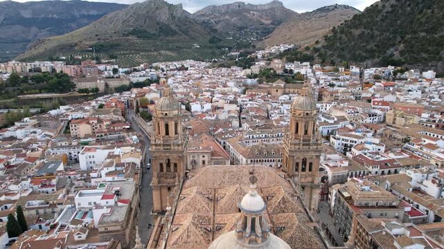 Aerial Drone View of Jaen Cathedral With City Panorama, Spain