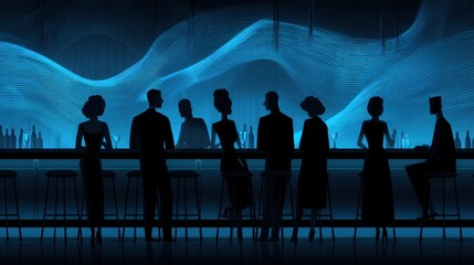 Elegant silhouettes of people enjoying nightlife at a modern bar with stunning blue lighting and atmospheric waves in the background