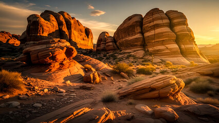 Stunning layered red rock formations in a desert landscape during golden hour
