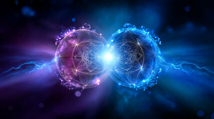 Abstract visualization of masculine and feminine energies balanced through sacred geometric star, with copy space