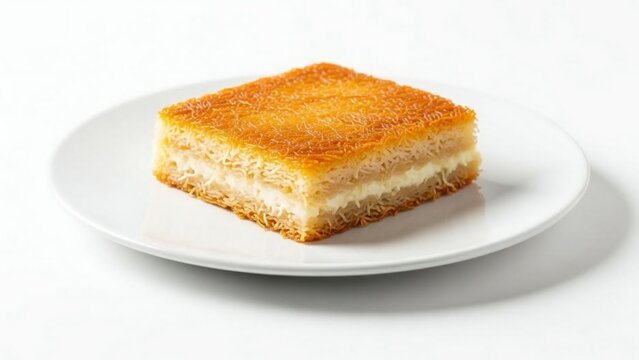 Square piece of Kunafa with cream served on white plate isolated background.