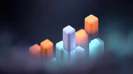 Abstract data visualization with glowing bar graph elements on a dark background representing growth, statistics, and digital transformation concepts