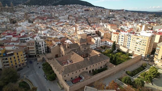 Aerial Drone View of Jaen Cathedral With City Panorama, Spain