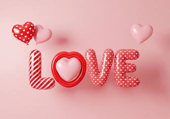 Valentine's Day Product Presentation Double-sided display with heart balloons, gift boxes, and string lights on a pink background.