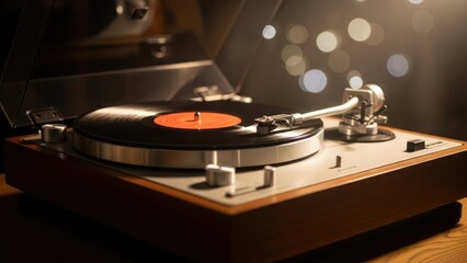 Vintage record player with spinning vinyl disc, showing bright orange label, playing music, in a warm dimly lit room with bokeh lights, nostalgic analogue audio equipment for entertainment.