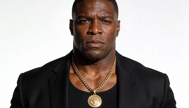 Commanding high-end portrait of a powerful bodyguard in pure white studio.