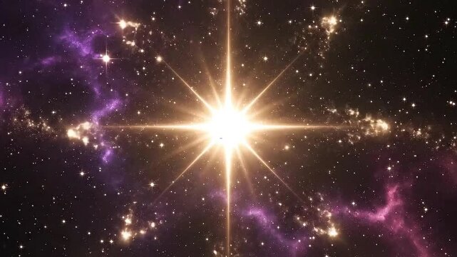 Bright Shining Star Erupts in Deep Space Nebula with Sparkling Particles and Cosmic Dust Illuminated by Intense Galactic Light