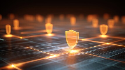 Digital network security concepts with glowing shield icons representing cybersecurity protection, data safety, and online safety measures in technology