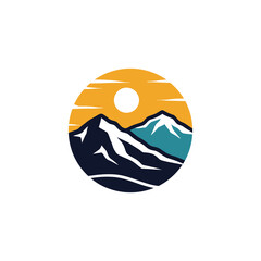 A stylized circular logo featuring a mountain range with a sun setting behind it.