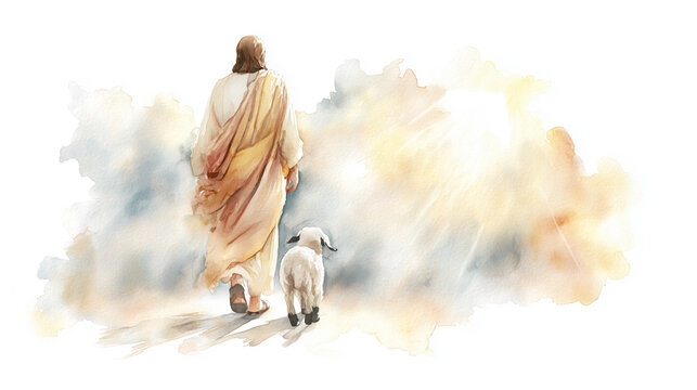 Shepherd Jesus Christ Taking Care of One Missing Lamb Watercolor Illustration Isolated on White Background