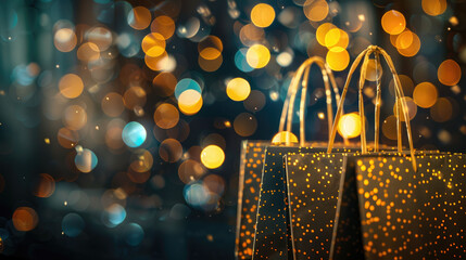 Warm blue and golden bokeh lights blend together, creating a moody and festive atmosphere with soft glowing orbs