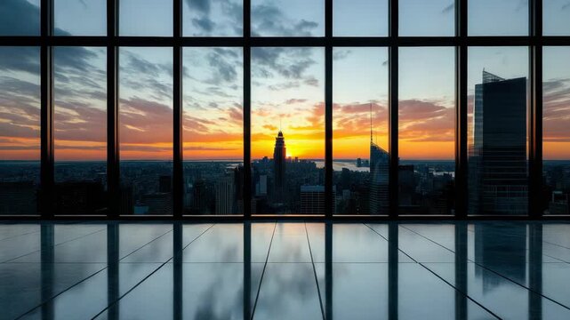 Sunset city skyline through floor to ceiling window with reflective tile floor showing warm calm