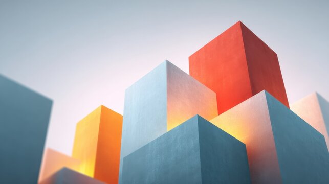 Abstract geometric structures with colorful cubic shapes and soft luminous glow in a modern artistic representation of spatial design and composition