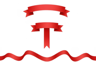 Collection of three red ribbon banners and a wavy ribbon element isolated on transparent background for celebration or award design