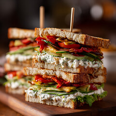 Stacked vegetarian club sandwiches with cucumber tomato roasted peppers and cream cheese secured with wooden picks on a cutting board