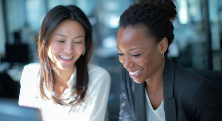 Two diverse businesswomen, one Asian and one African American, smile and collaborate happily in a bright, modern office setting.