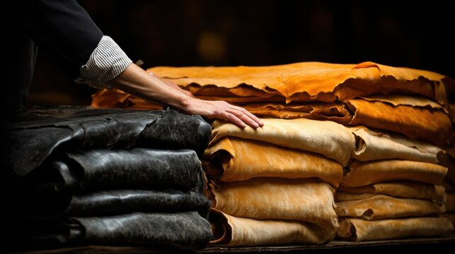 Medium shot of skilled worker inspecting tanned leather sheets treated with various plantbased tannins reflecting heritage vegetable tanning craftsmanship.