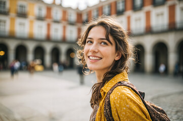 Young woman smiling in a historic European plaza with backpack, enjoying sunny city travel, exploration and carefree urban adventure