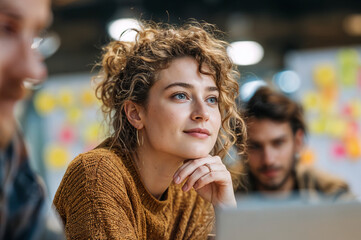 Young woman in a cozy sweater thoughtfully brainstorming at a collaborative workspace - focused creativity, teamwork and modern office inspiration.