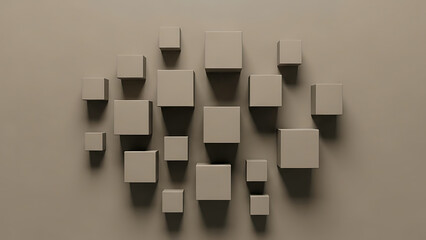 Overhead view of scattered 3D neutral grey cubes on a matching background