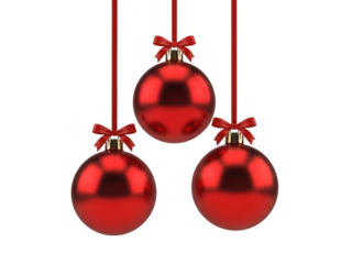 Three shiny red christmas baubles with golden bows hanging on red string isolated on transparent background for holiday decoration